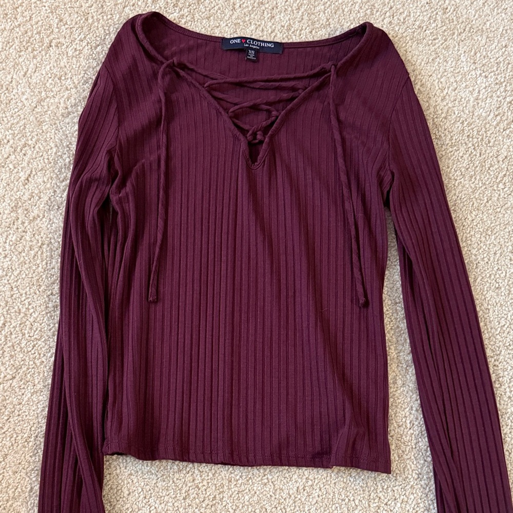 One Clothing Women's Maroon Ribbed Long Sleeve Top
